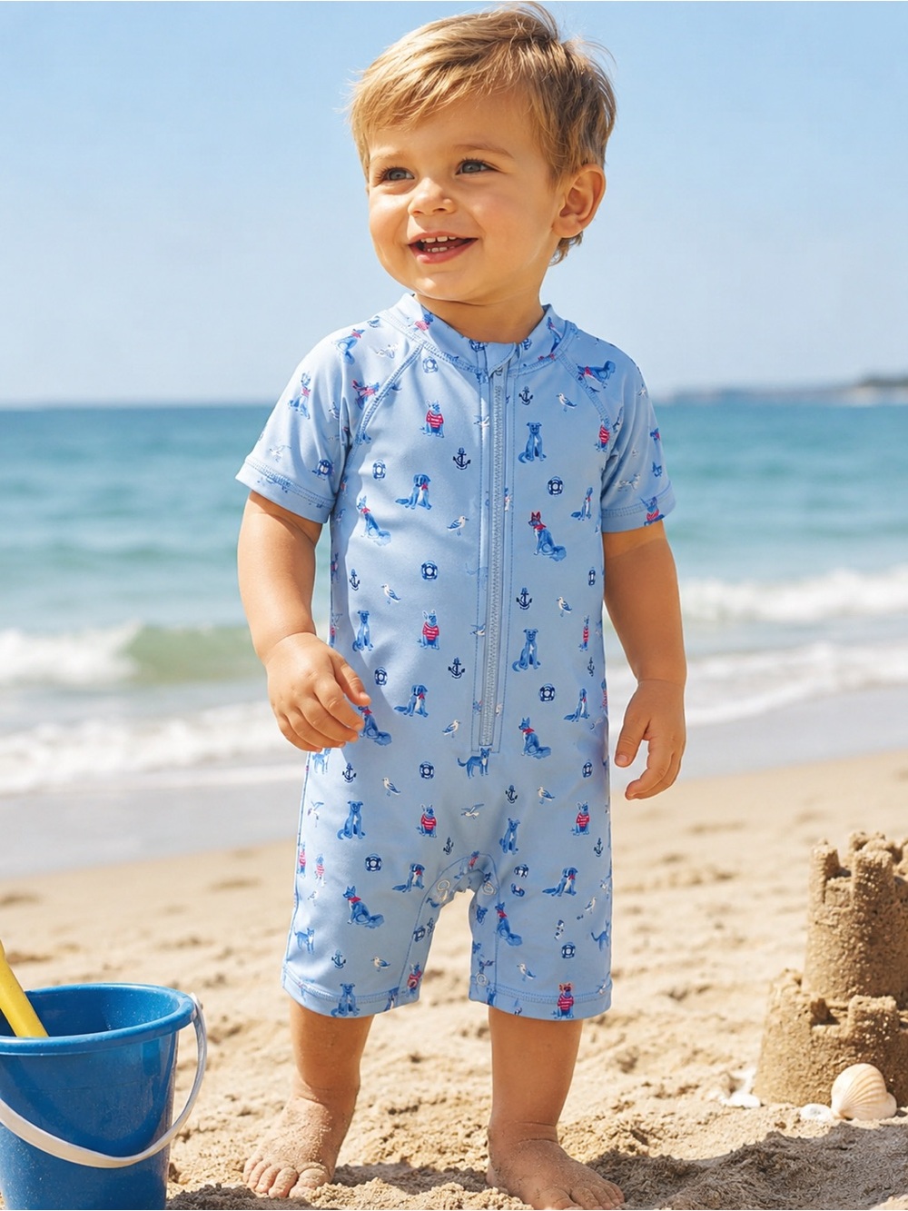 Janie and Jack Light Blue Nautical Print Zip-Front One-Piece Swimsuit